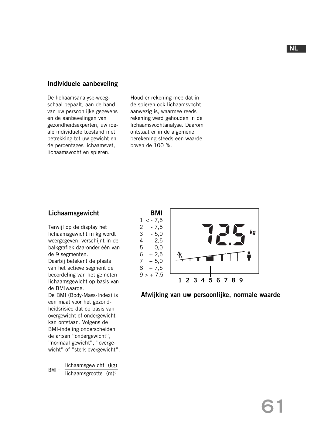 Soehnle F4 manual Individuele aanbeveling, Lichaamsgewicht, Afwijking van uw persoonlijke, normale waarde 