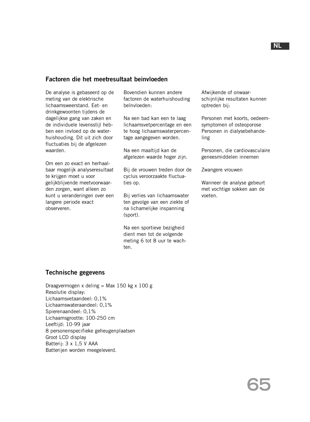 Soehnle F4 manual Factoren die het meetresultaat beinvloeden, Technische gegevens 