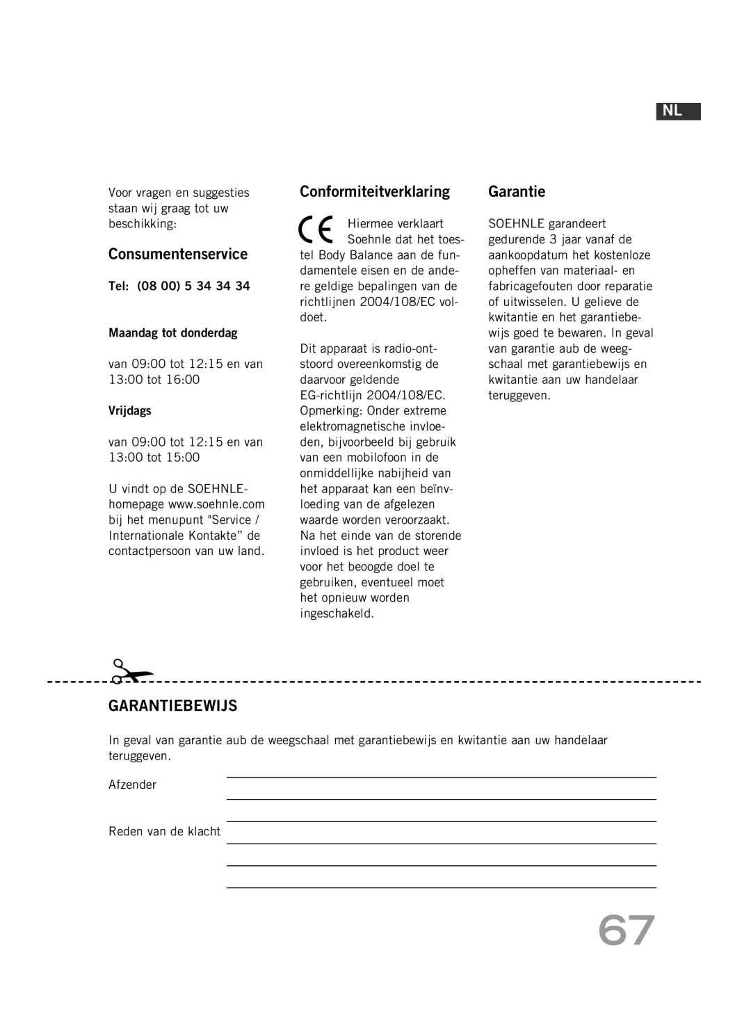 Soehnle F4 manual Consumentenservice, Conformiteitverklaring 