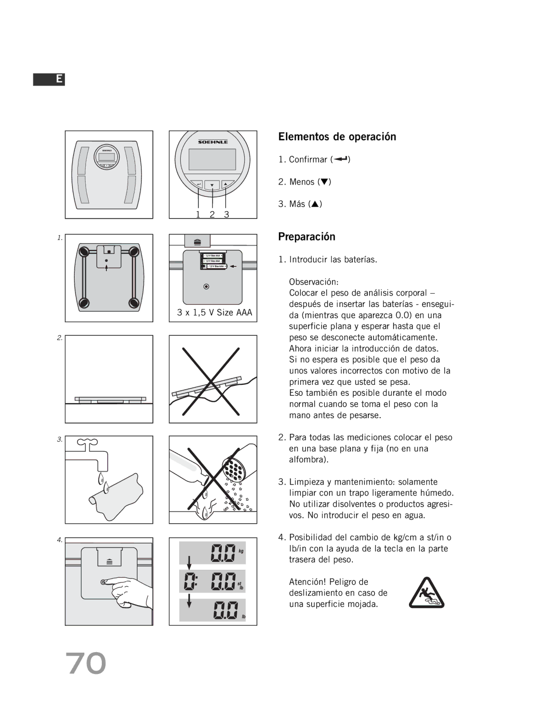 Soehnle F4 manual Elementos de operación, Preparación, Confirmar Menos Más, Introducir las baterías Observación 