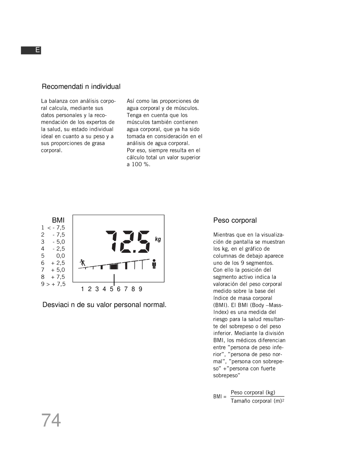 Soehnle F4 manual Recomendatión individual, Desviación de su valor personal normal Peso corporal, Tamaño corporal m2 