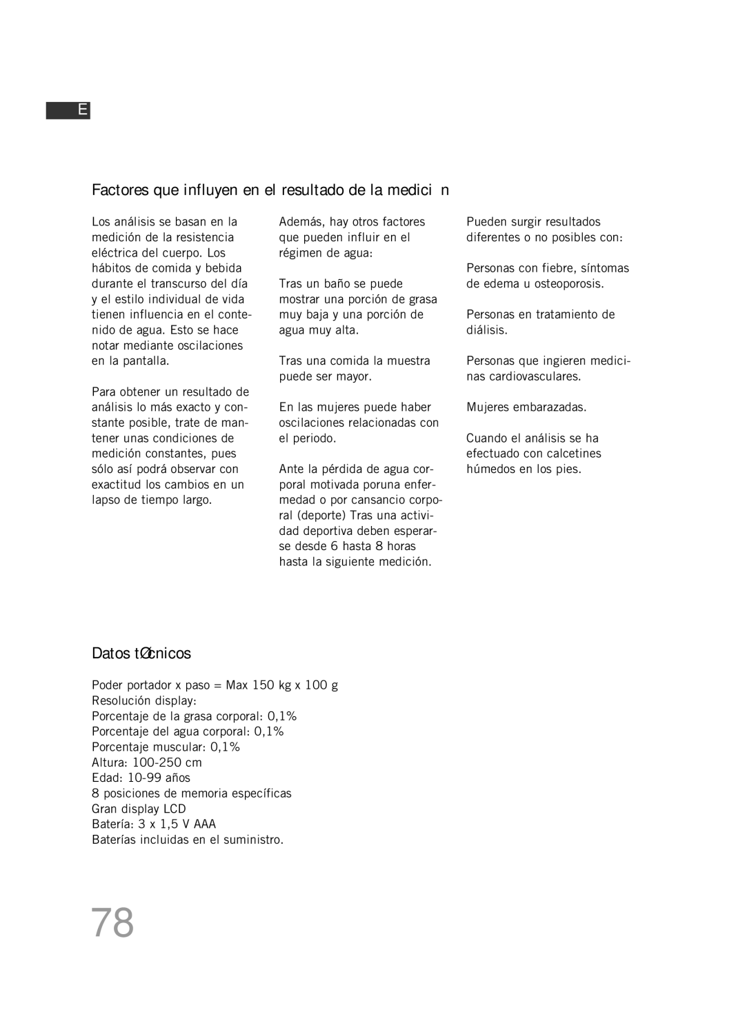 Soehnle F4 manual Factores que influyen en el resultado de la medición, Datos técnicos 