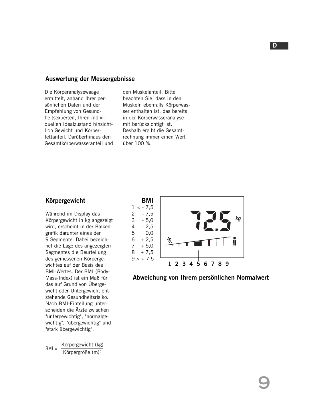 Soehnle F4 manual Auswertung der Messergebnisse, Körpergewicht, Abweichung von Ihrem persönlichen Normalwert 