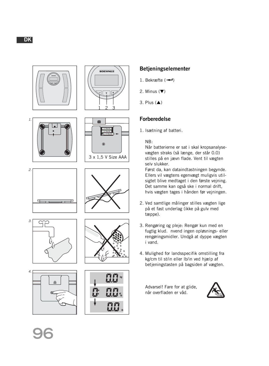 Soehnle F4 manual Betjeningselementer, Forberedelse, Bekræfte Minus Plus 