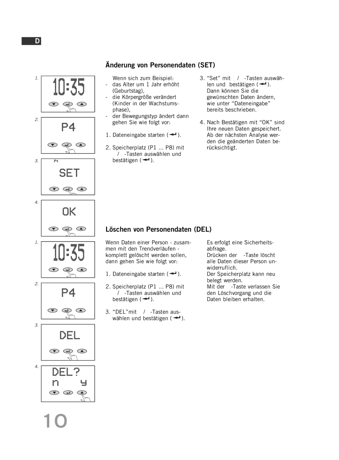 Soehnle F5 manual Änderung von Personendaten SET, Löschen von Personendaten DEL 