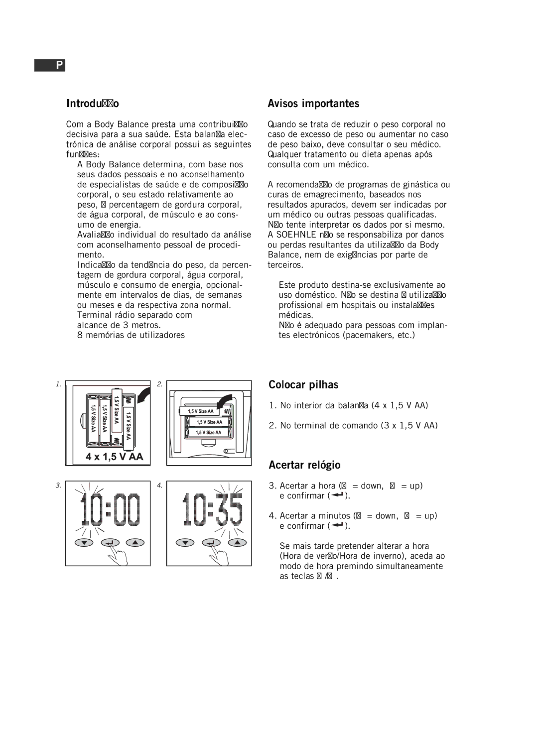 Soehnle F5 manual 100, Introdução, Avisos importantes, Colocar pilhas, Acertar relógio 