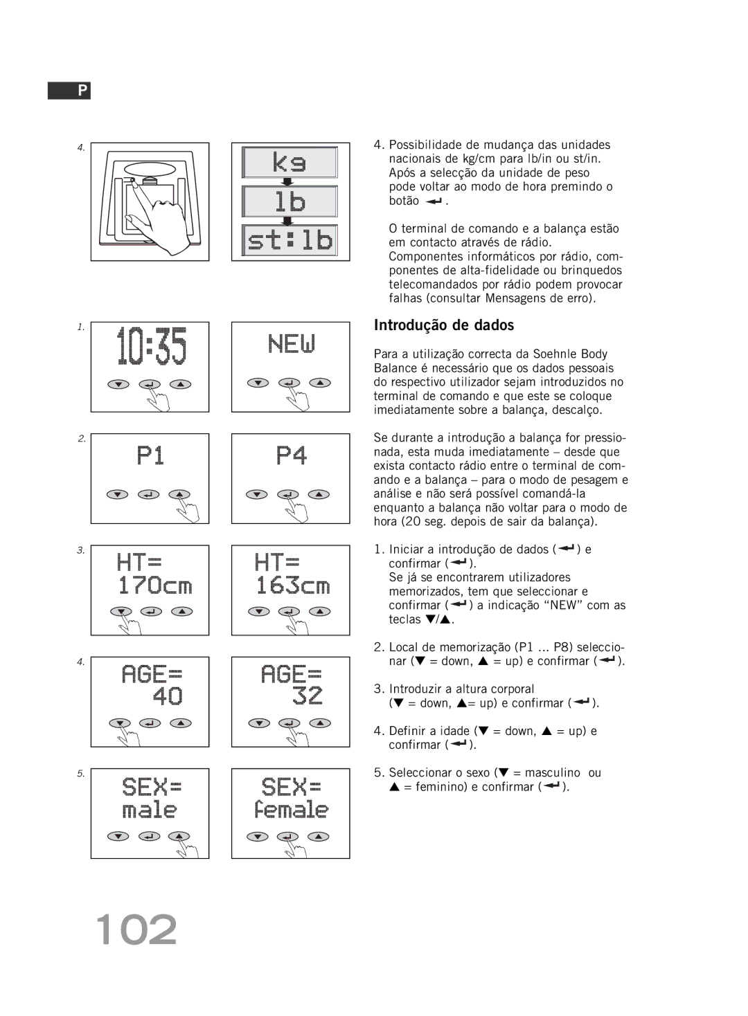 Soehnle F5 manual 102, Introdução de dados 