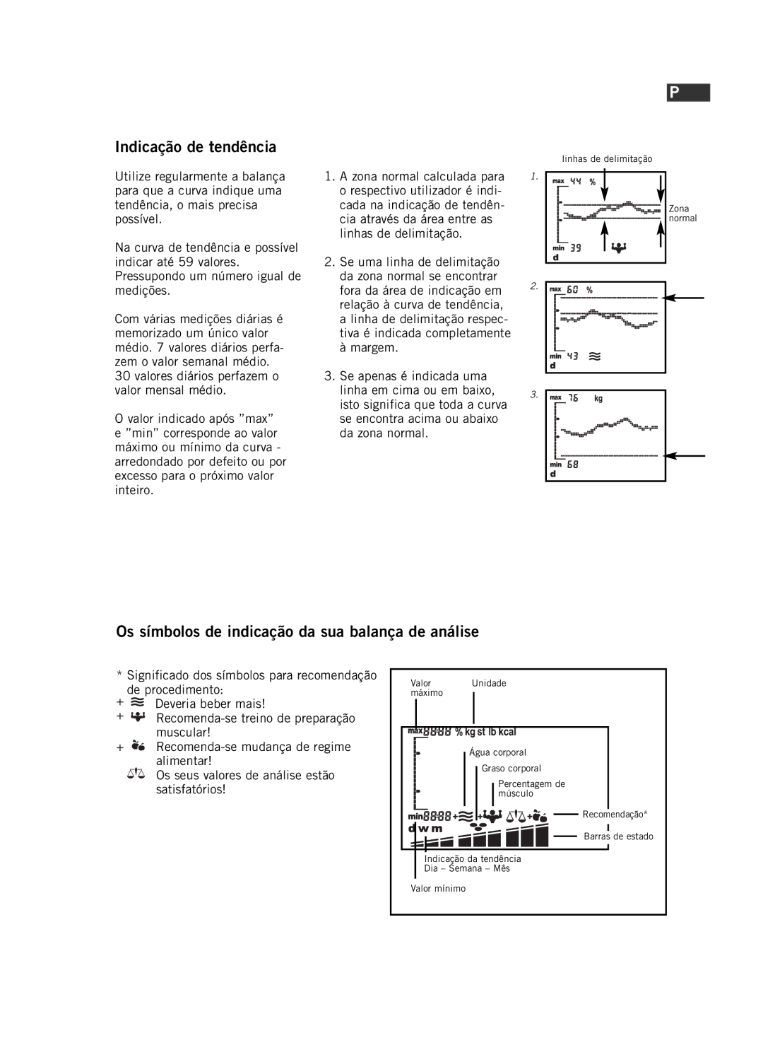 Soehnle F5 manual 107, Indicação de tendência, Os símbolos de indicação da sua balança de análise 