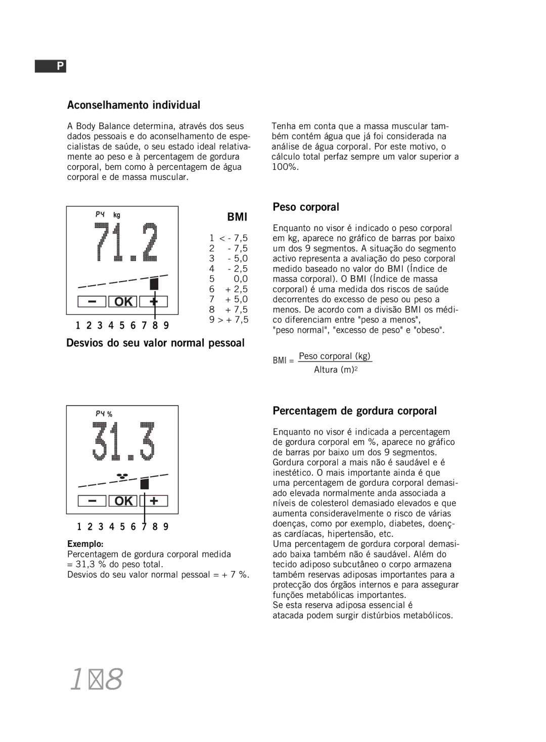 Soehnle F5 manual 108, Aconselhamento individual, Desvios do seu valor normal pessoal, Percentagem de gordura corporal 