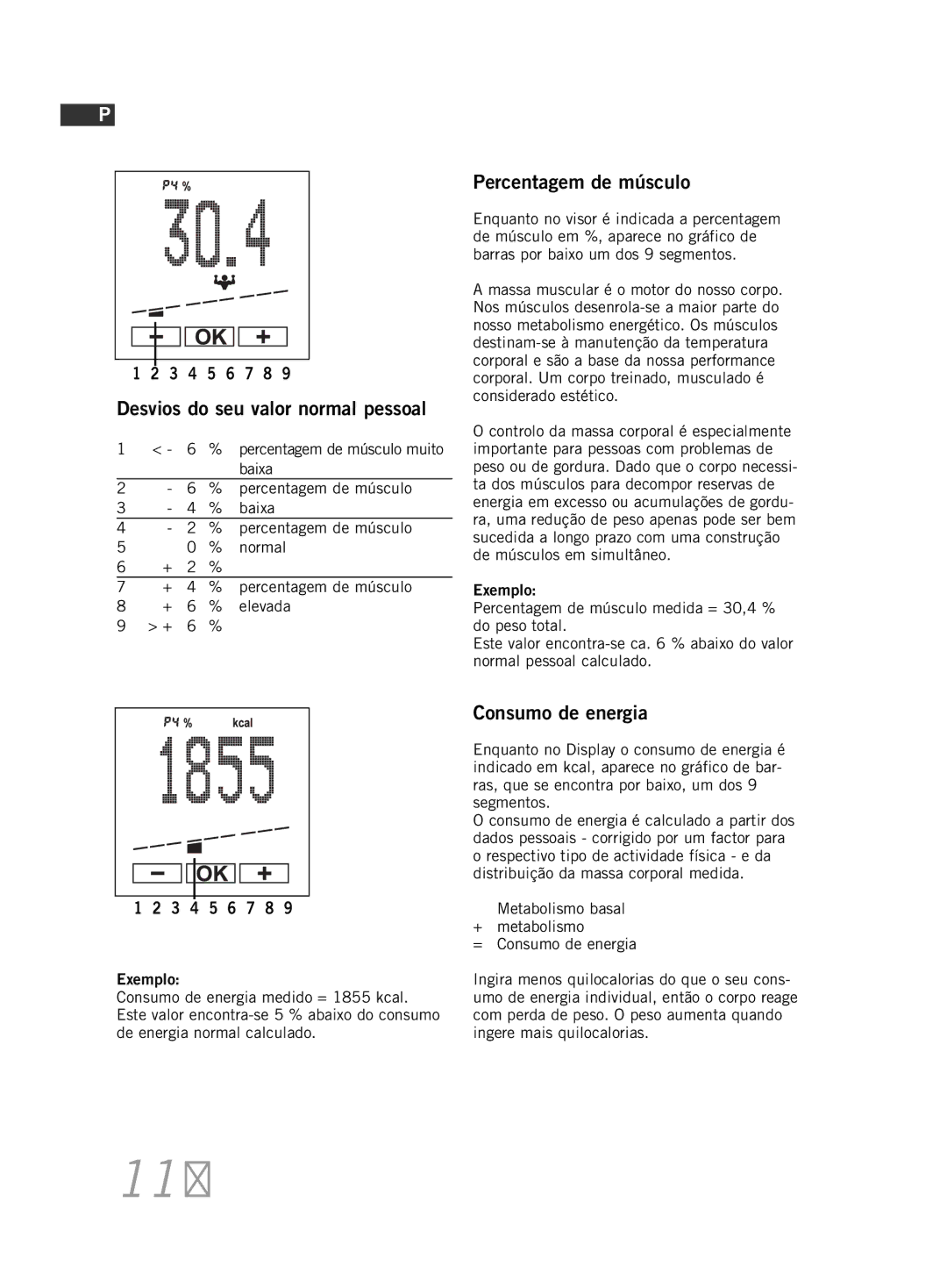 Soehnle F5 manual 110, Percentagem de músculo, Consumo de energia 