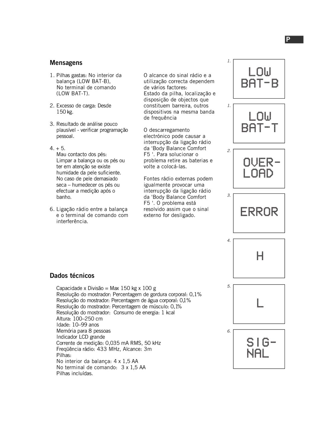 Soehnle F5 manual 113, Mensagens, Dados técnicos 