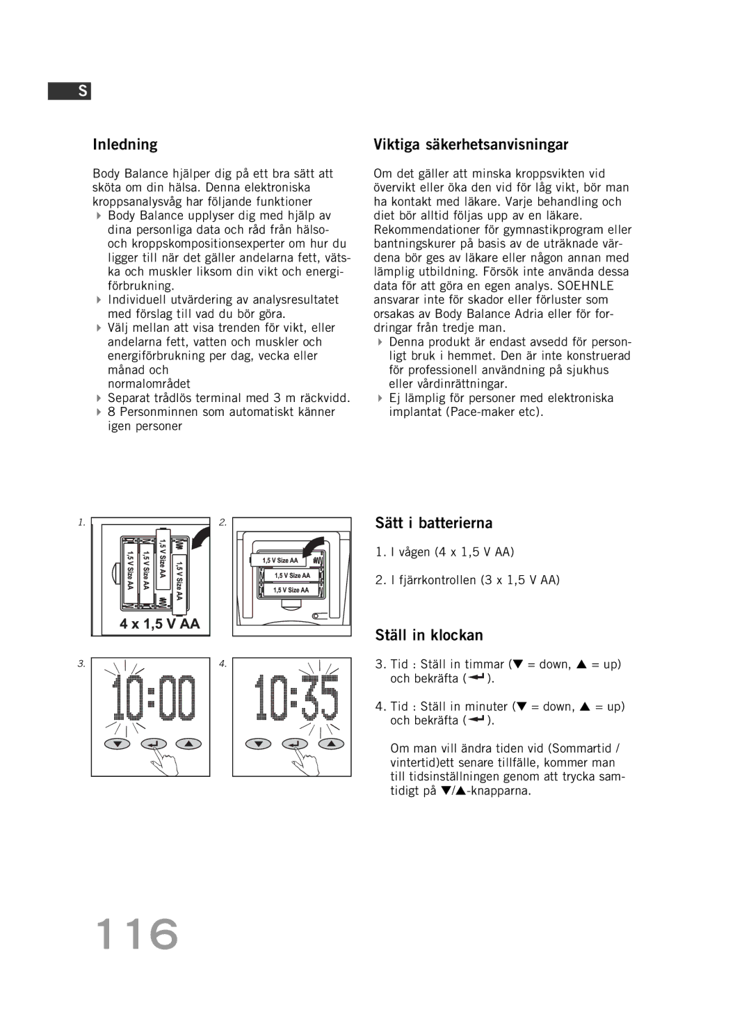 Soehnle F5 manual 116, Inledning, Viktiga säkerhetsanvisningar, Sätt i batterierna, Ställ in klockan 