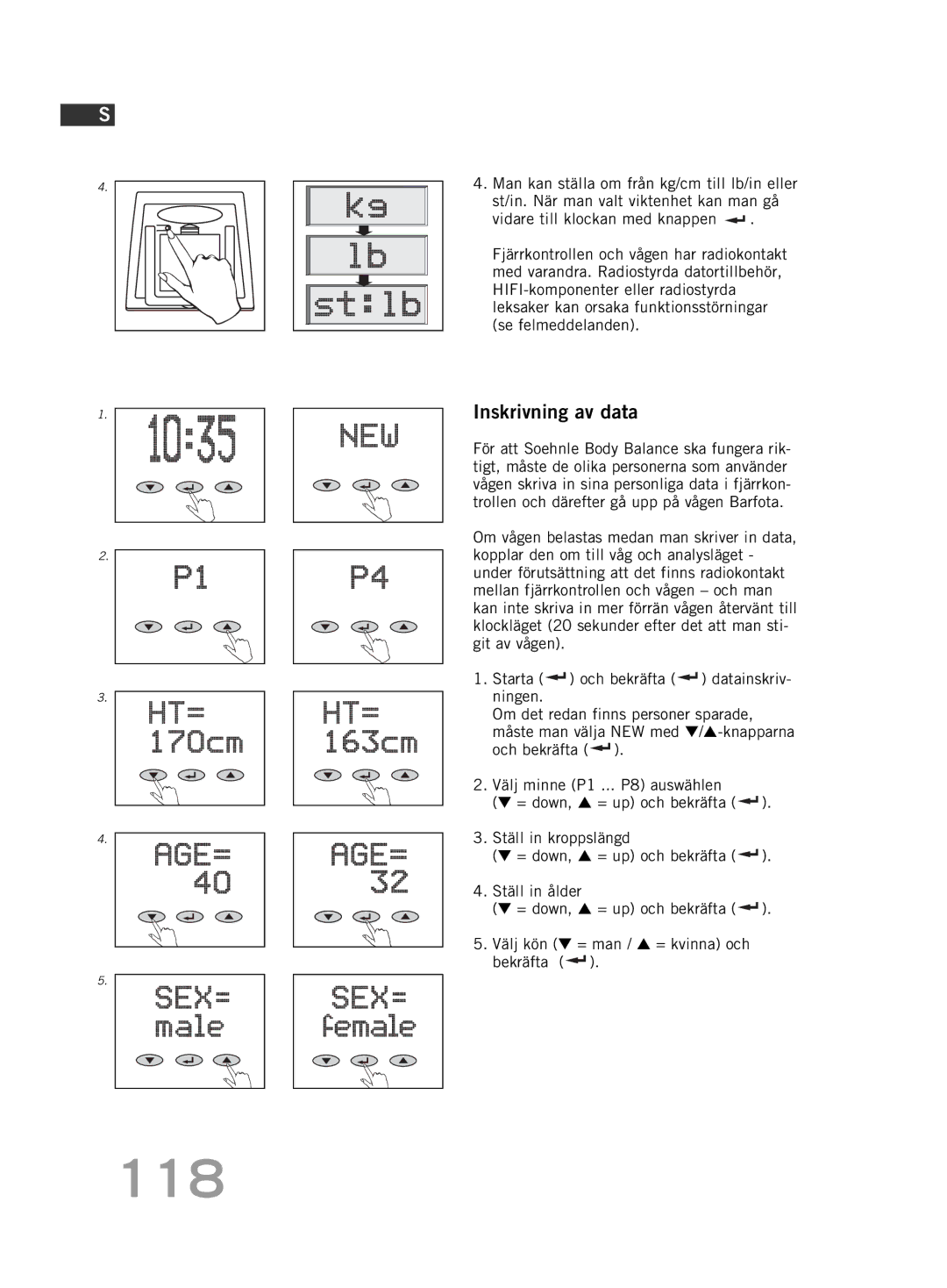 Soehnle F5 manual 118, Inskrivning av data 