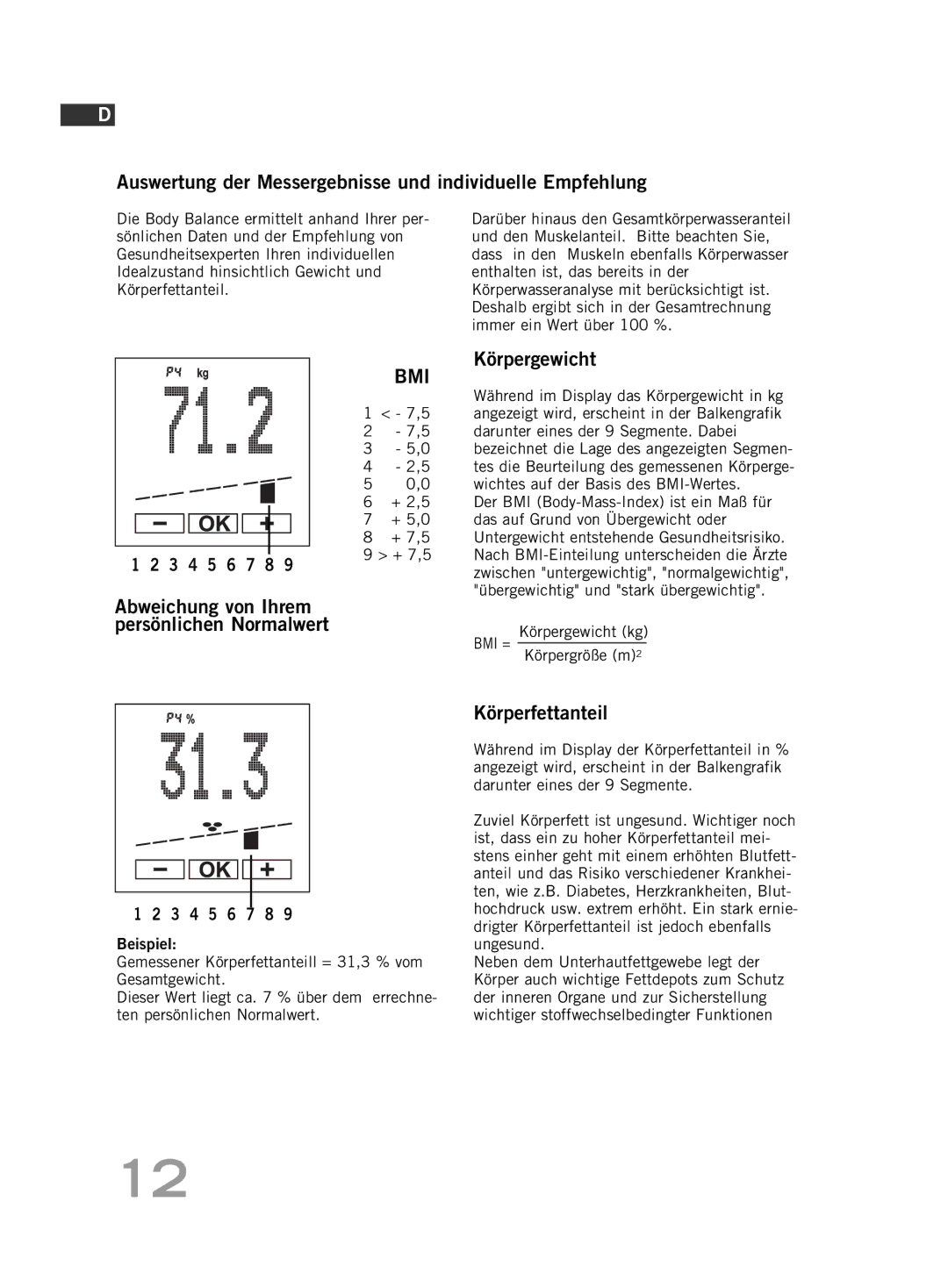 Soehnle F5 manual Auswertung der Messergebnisse und individuelle Empfehlung, Körperfettanteil, Körpergewicht kg 