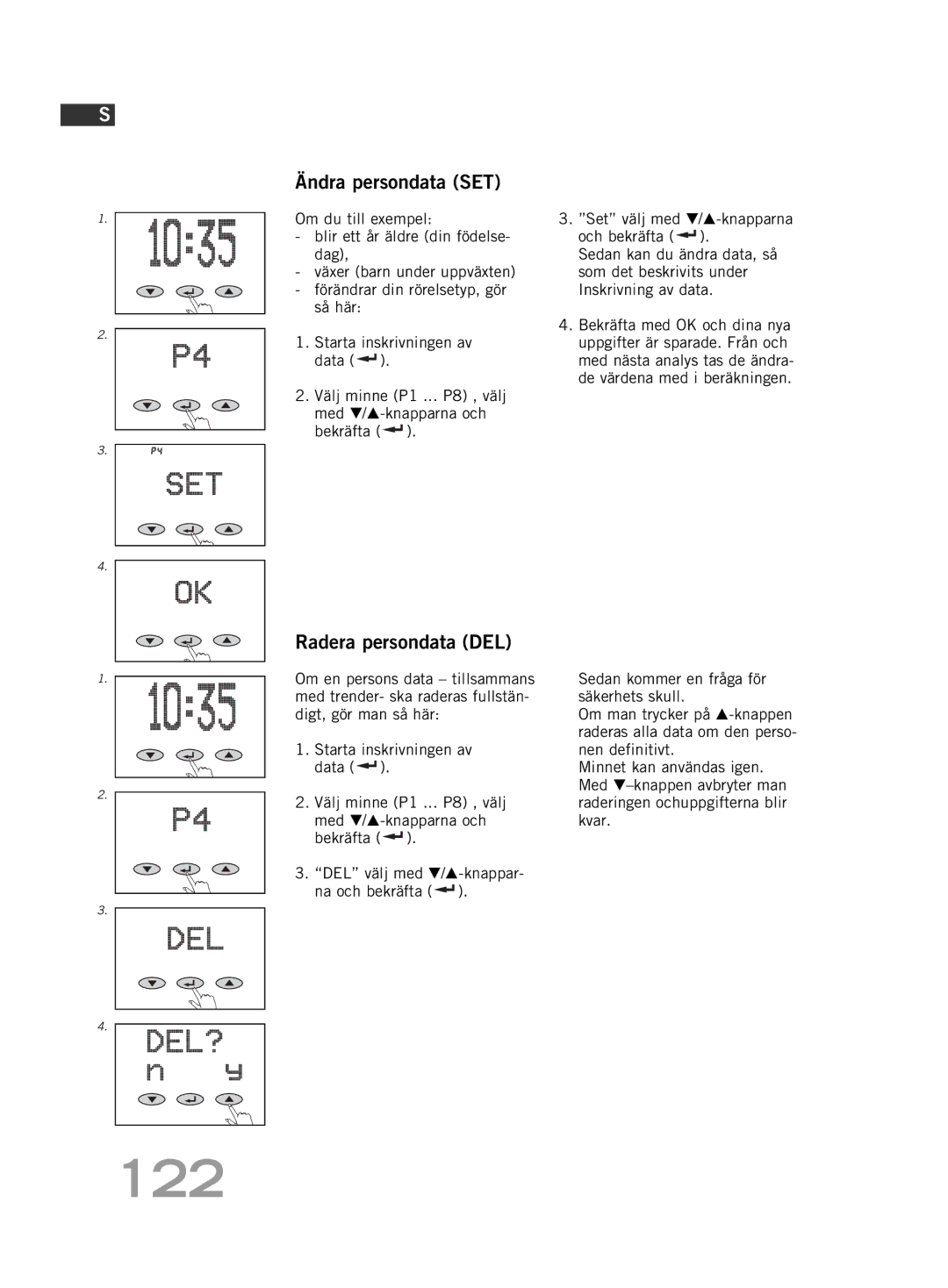 Soehnle F5 manual 122, Ändra persondata SET, Radera persondata DEL 