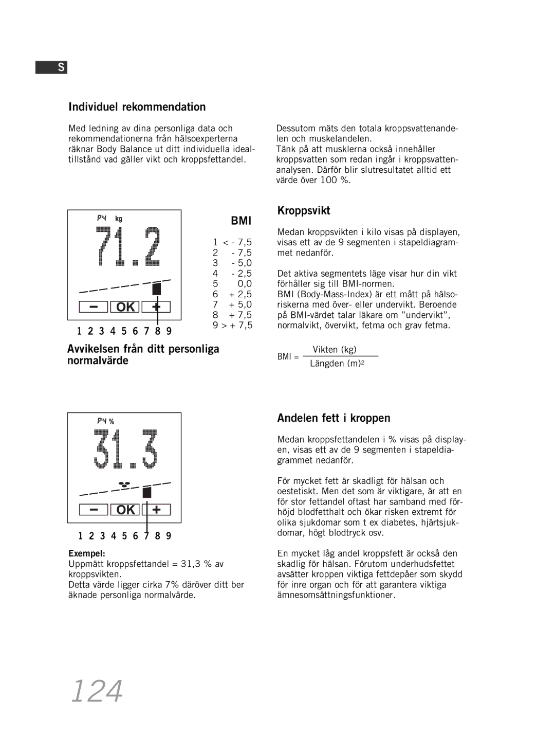 Soehnle F5 124, Individuel rekommendation, Avvikelsen från ditt personliga normalvärde, Kroppsvikt, Andelen fett i kroppen 