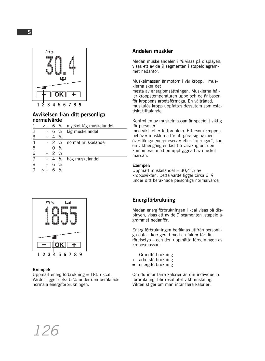 Soehnle F5 manual 126, Andelen muskler, Energiförbrukning, Mycket låg muskelandel, Låg muskelandel 