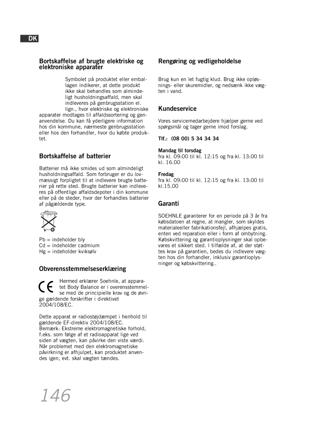 Soehnle F5 manual 146, Bortskaffelse af batterier, Obverensstemmelseserklæring, Rengøring og vedligeholdelse, Kundeservice 