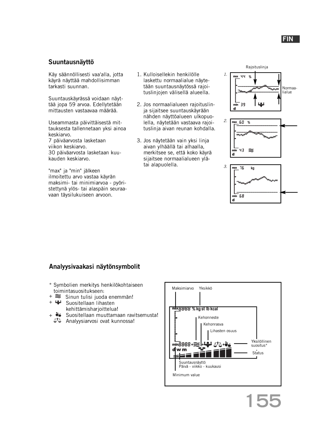 Soehnle F5 manual 155, Suuntausnäyttö, Analyysivaakasi näytönsymbolit 