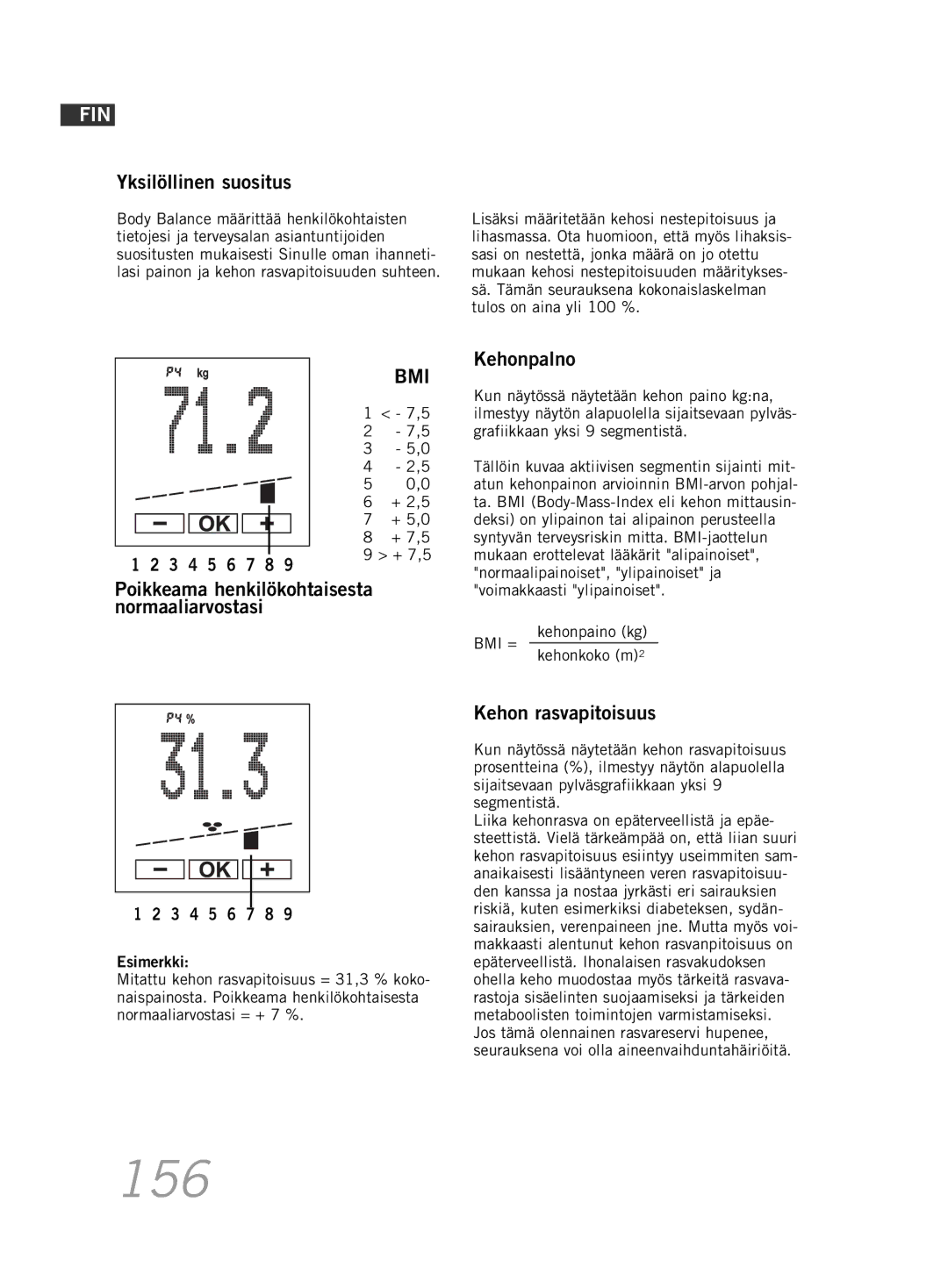 Soehnle F5 156, Yksilöllinen suositus, Poikkeama henkilökohtaisesta Normaaliarvostasi Kehonpalno, Kehon rasvapitoisuus 