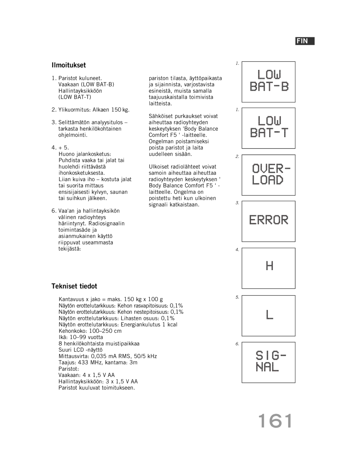 Soehnle F5 manual 161, Ilmoitukset, Tekniset tiedot 