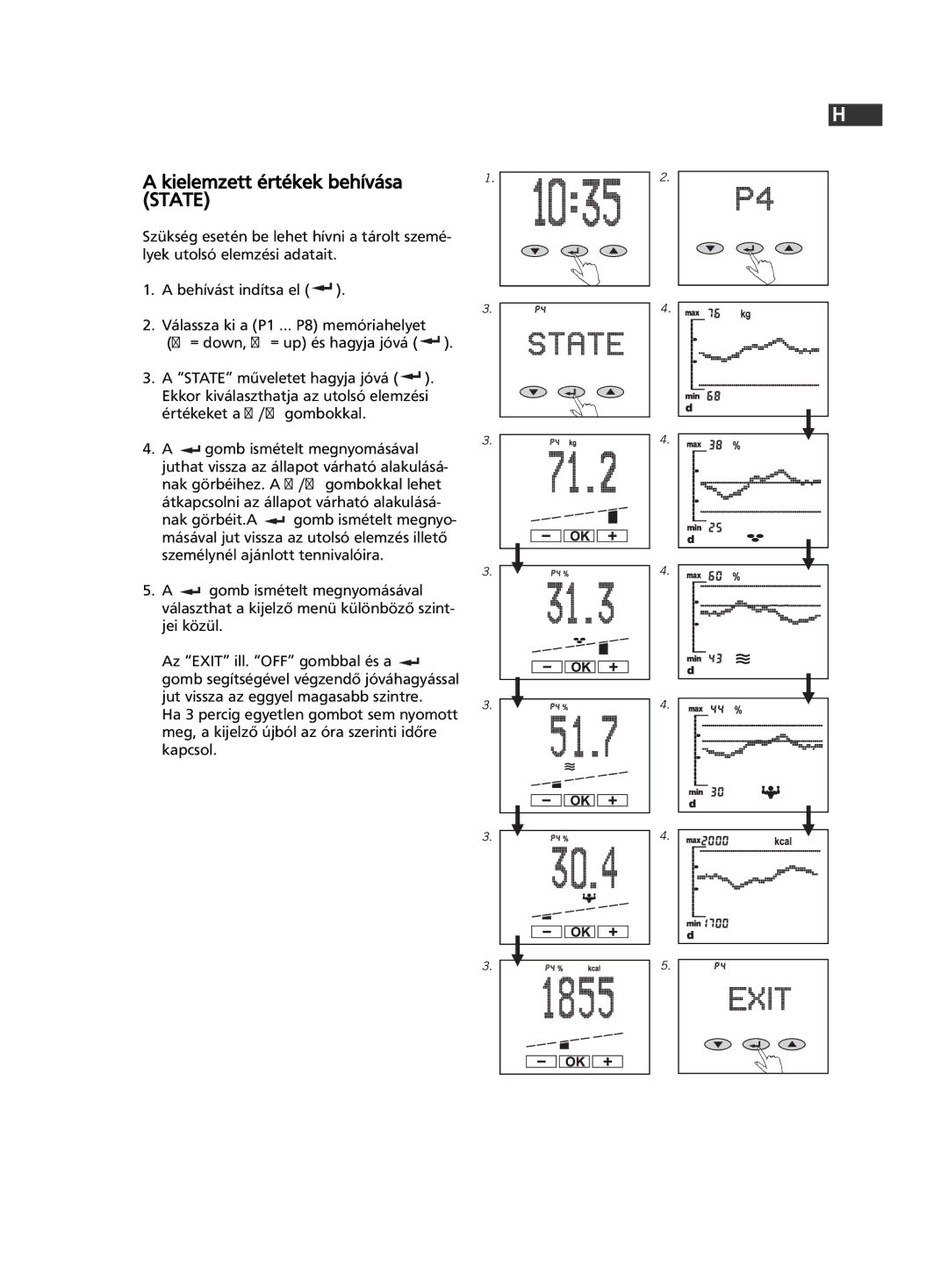 Soehnle F5 manual 169, Kielemzett értékek behívása 