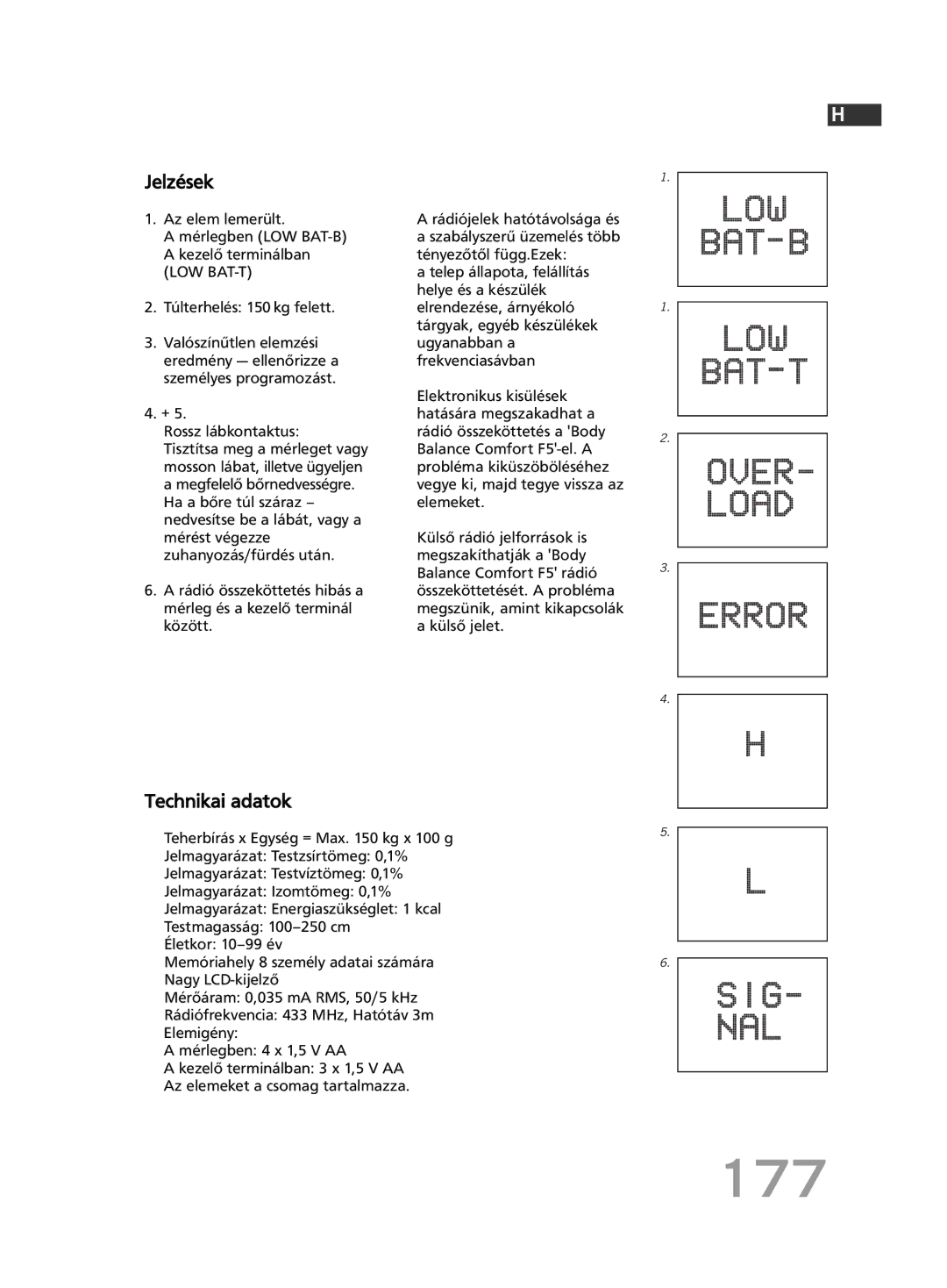 Soehnle F5 manual 177, Jelzések, Technikai adatok, Rossz lábkontaktus 