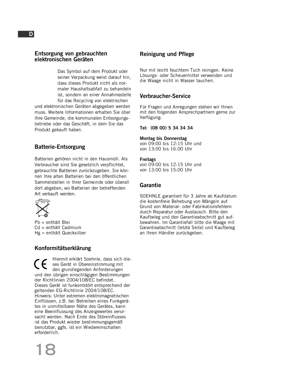 Soehnle F5 manual Entsorgung von gebrauchten elektronischen Geräten, Batterie-Entsorgung, Konformitätserklärung, Garantie 