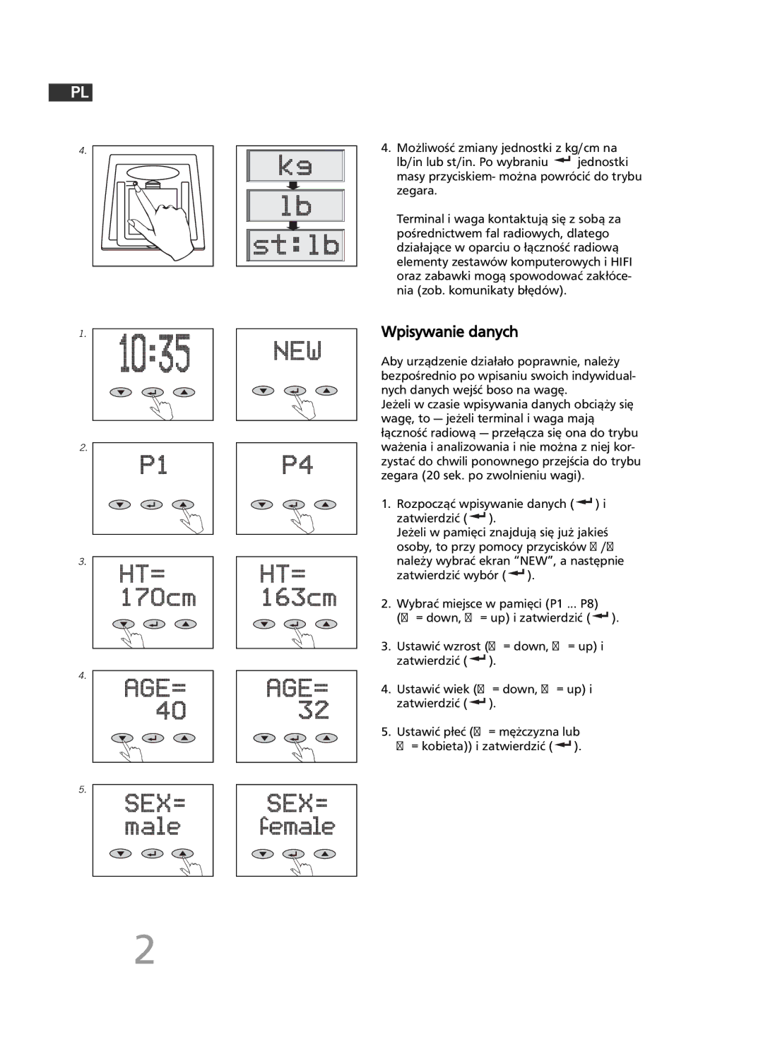 Soehnle F5 manual 182, Wpisywanie danych, Rozpocząć wpisywanie danych Zatwierdzić 