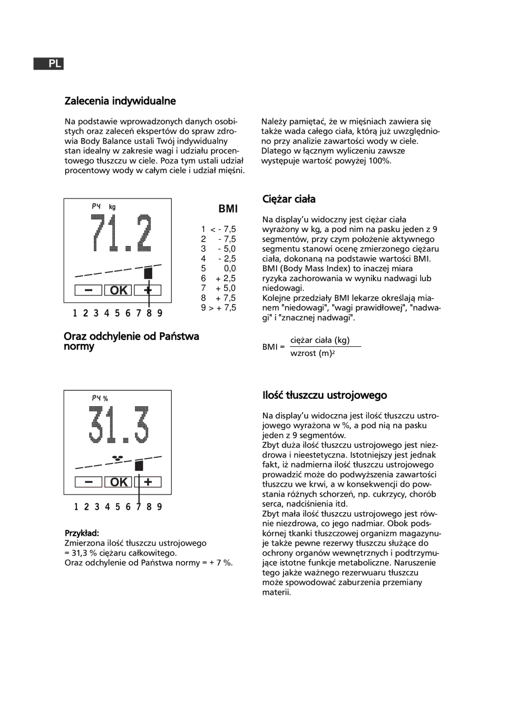 Soehnle F5 manual 188, Zalecenia indywidualne, Ciężar ciała, Oraz odchylenie od Państwa normy, Ilość tłuszczu ustrojowego 