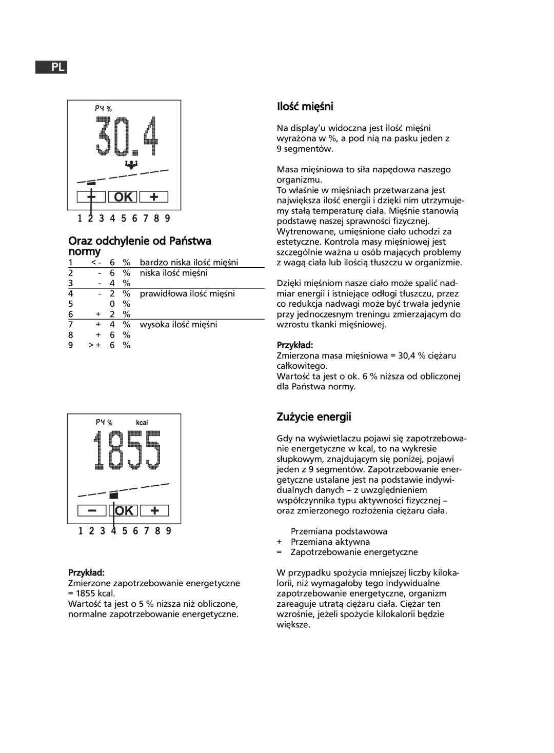 Soehnle F5 manual 190, Ilość mięśni, Zużycie energii, Niska ilość mięśni, prawidłowa ilość mięśni 