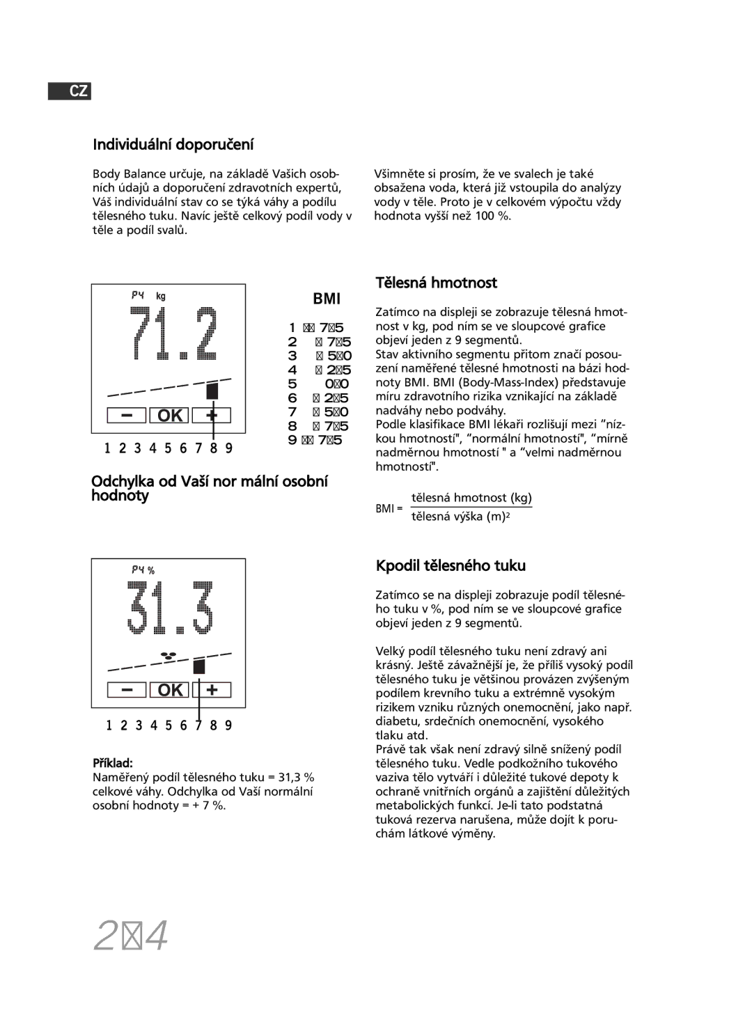 Soehnle F5 manual 204, Individuální doporučení, Tělesná hmotnost, Odchylka od Vaší nor mální osobní hodnoty 