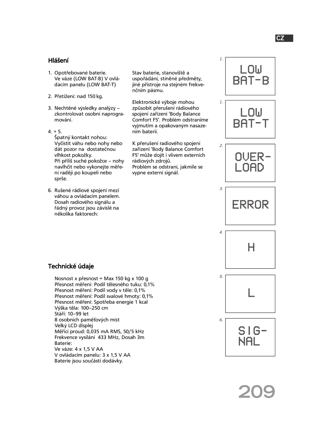 Soehnle F5 manual 209, Hlášení, Technické údaje, Opotřebované baterie 