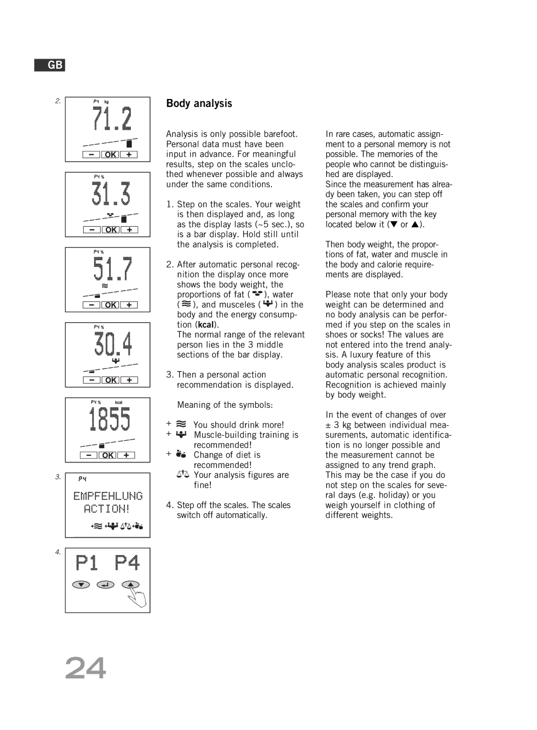 Soehnle F5 manual Body analysis, Musceles in the body and the energy consump- tion kcal 