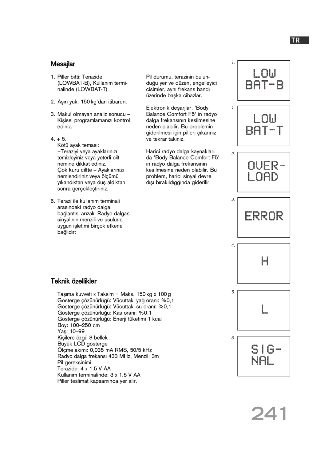 Soehnle F5 manual 241, Mesajlar, Teknik özellikler 