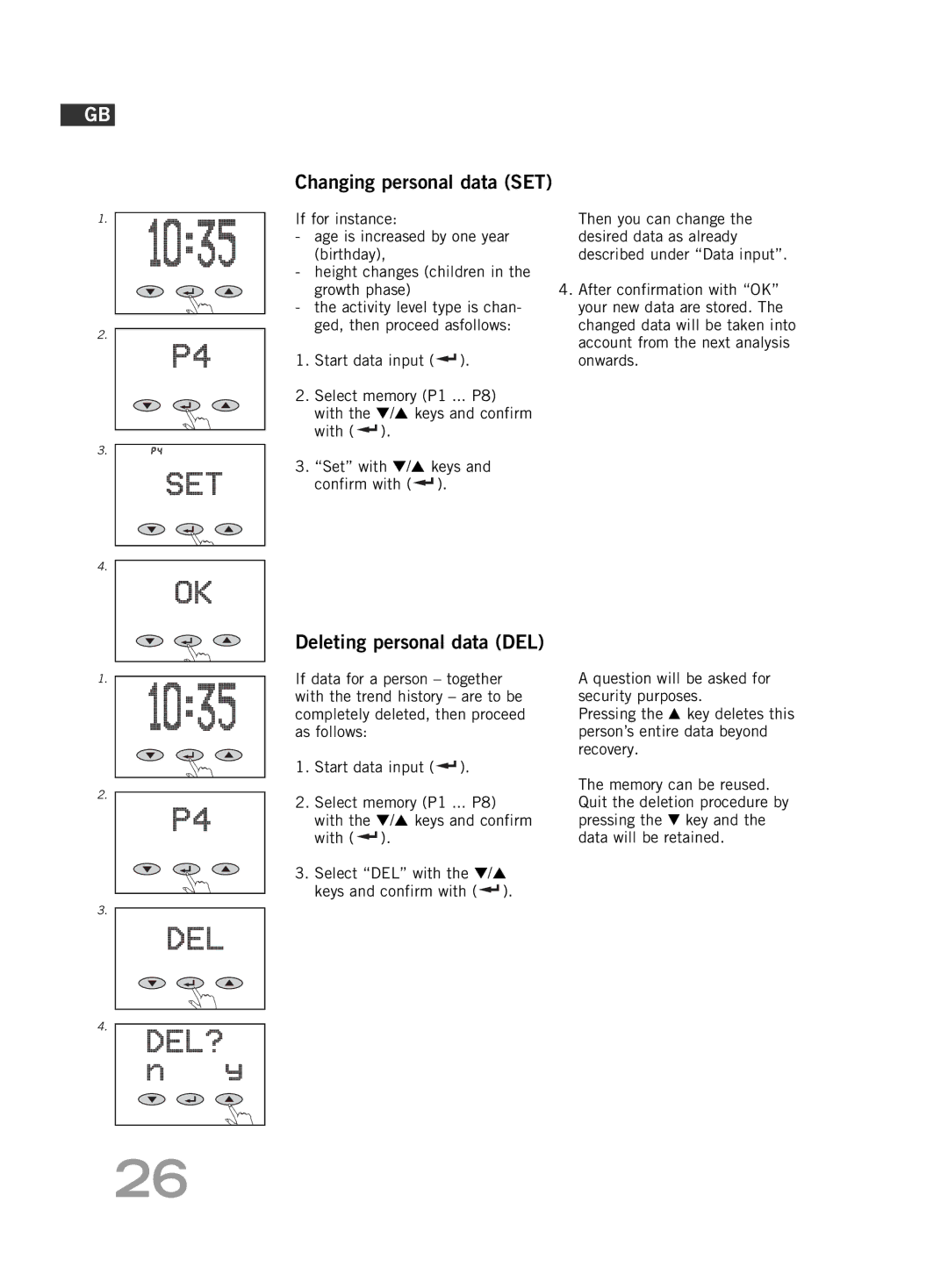 Soehnle F5 manual Changing personal data SET, Deleting personal data DEL 