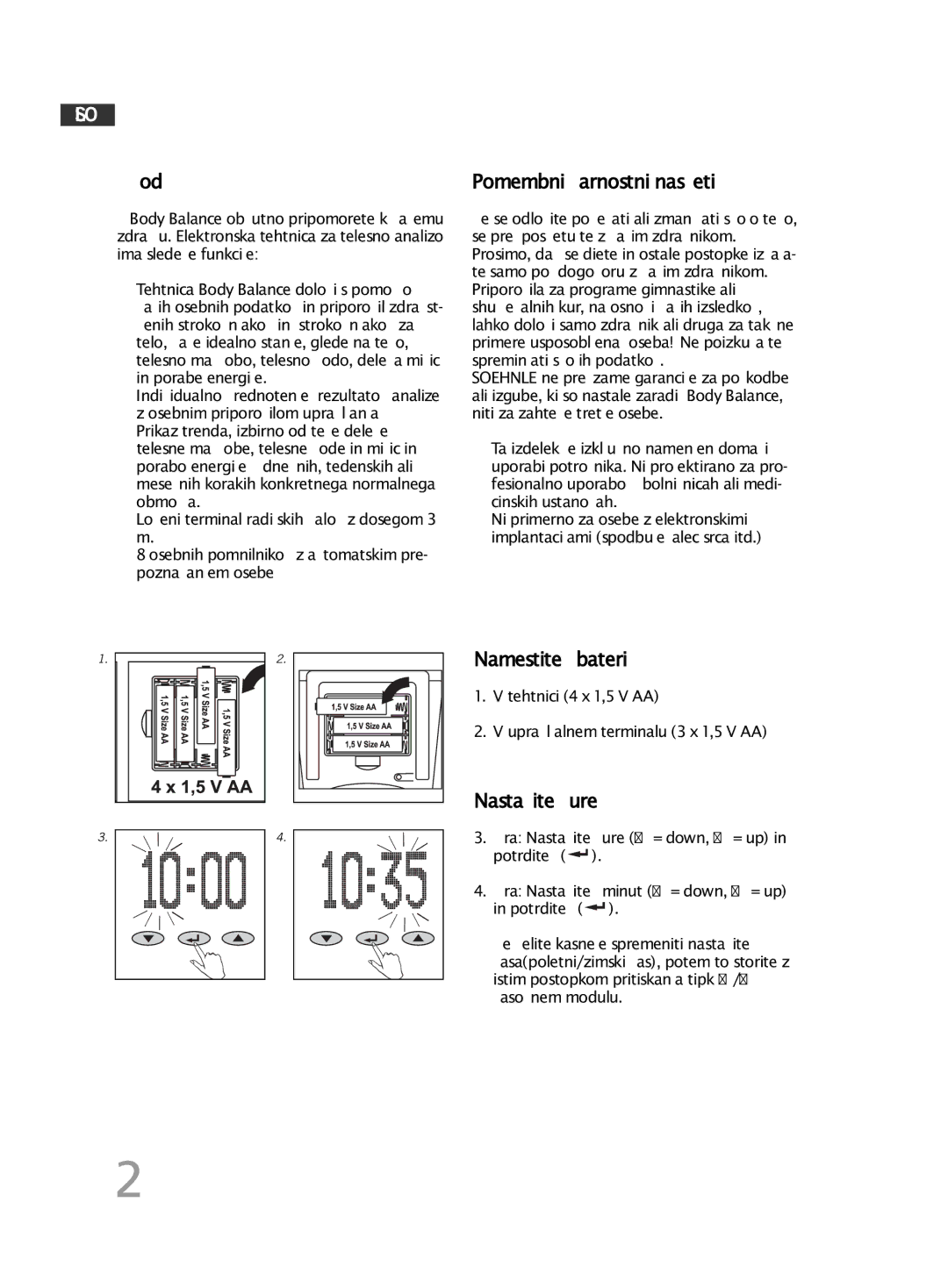 Soehnle F5 manual 260, Uvod, Pomembni varnostni nasveti, Namestitev baterij, Nastavitev ure 