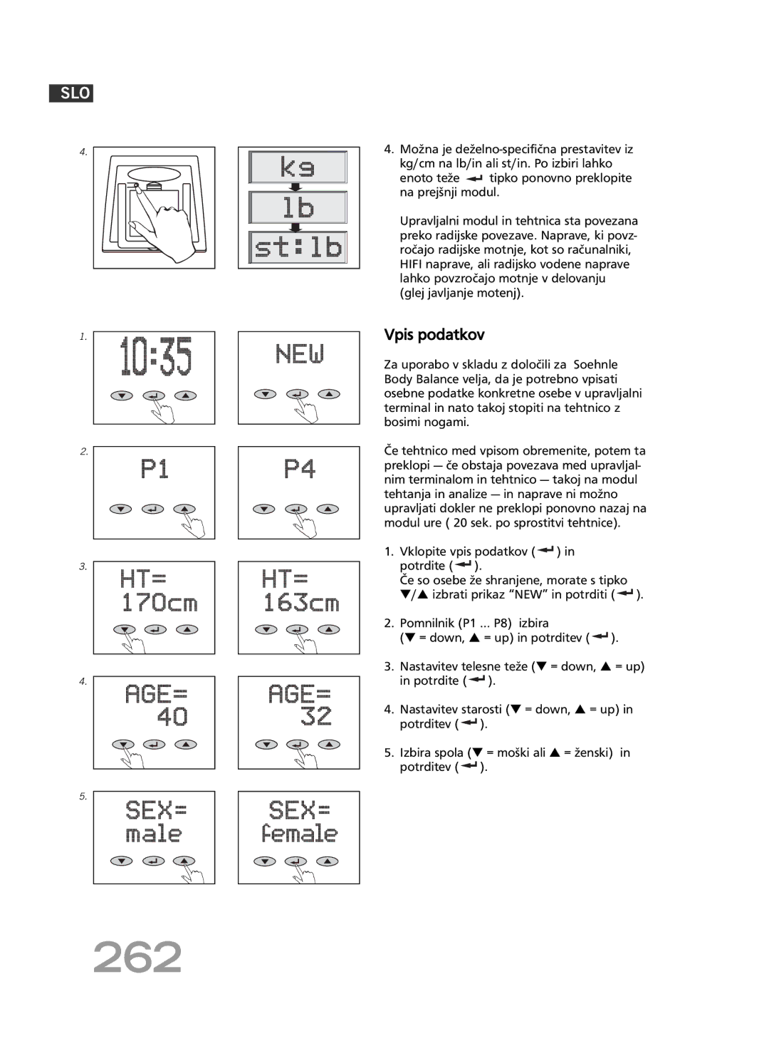 Soehnle F5 manual 262, Vpis podatkov 