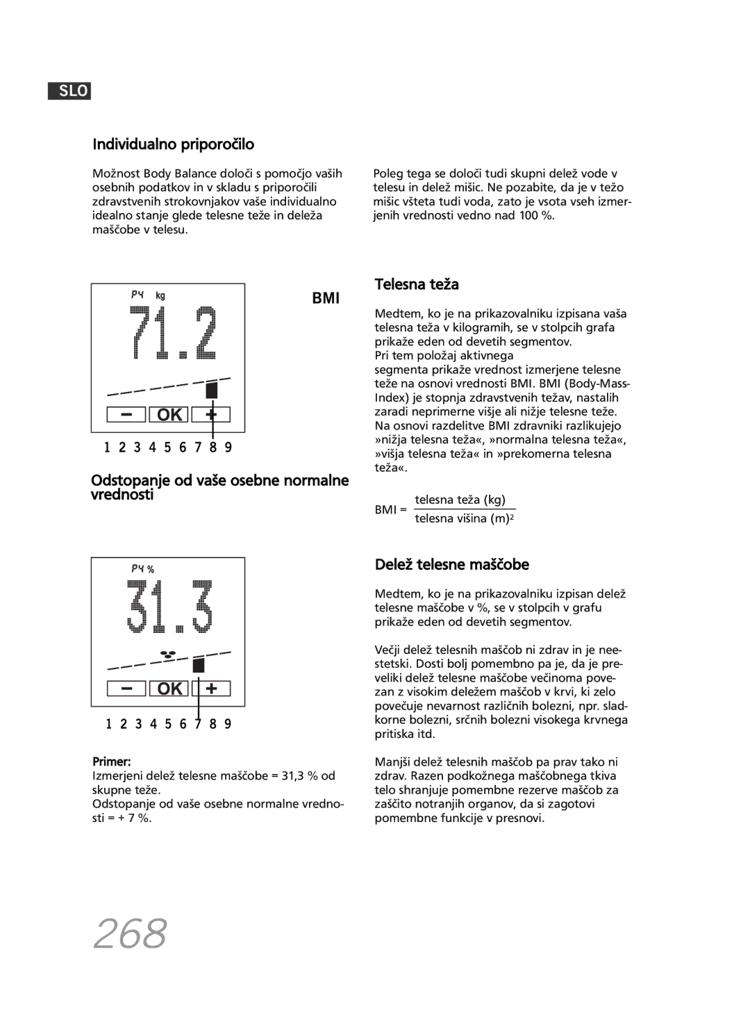 Soehnle F5 manual 268, Individualno priporočilo, Telesna teža, Odstopanje od vaše osebne normalne vrednosti 