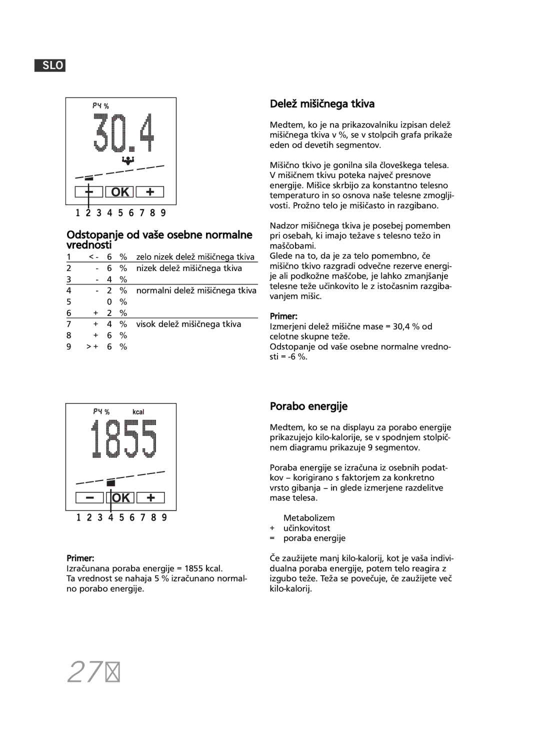 Soehnle F5 manual 270, Delež mišičnega tkiva, Porabo energije 