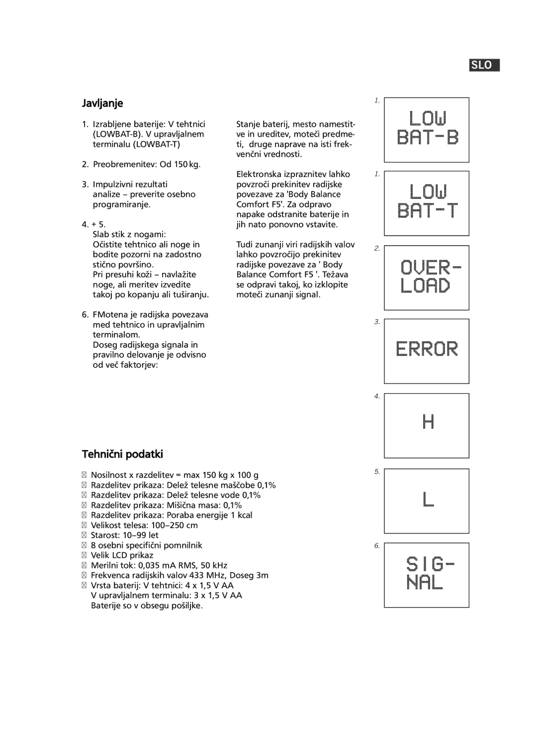 Soehnle F5 manual 273, Javljanje, Tehnični podatki 