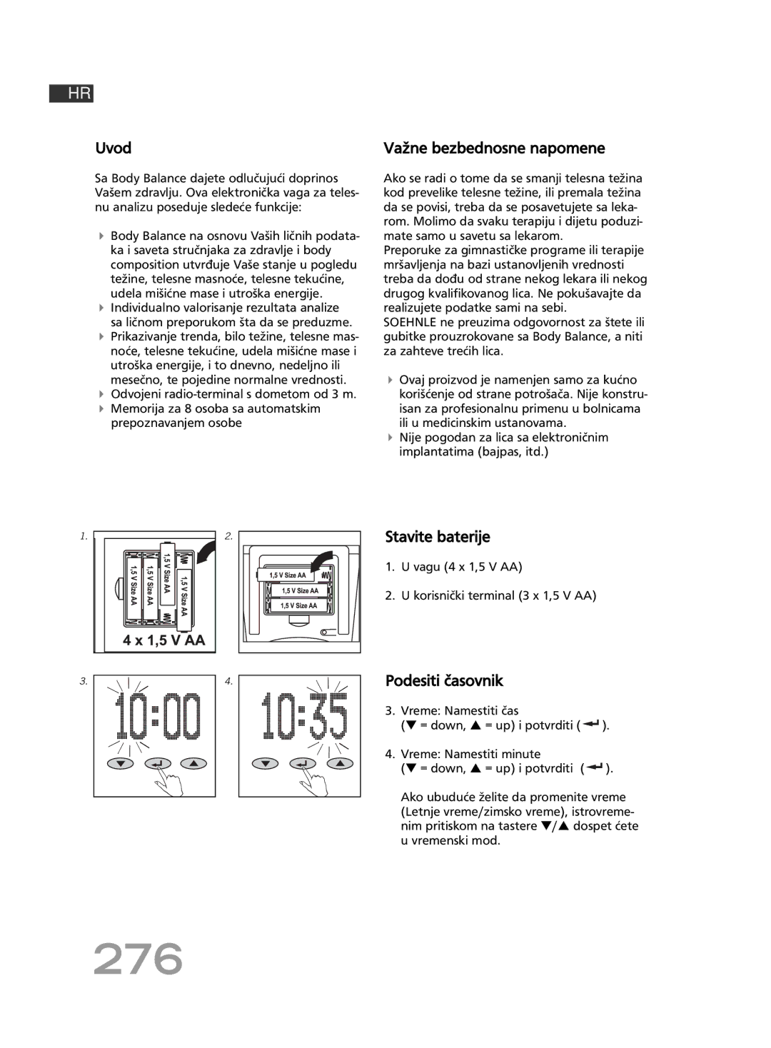 Soehnle F5 manual 276, Uvod Važne bezbednosne napomene, Stavite baterije, Podesiti časovnik 