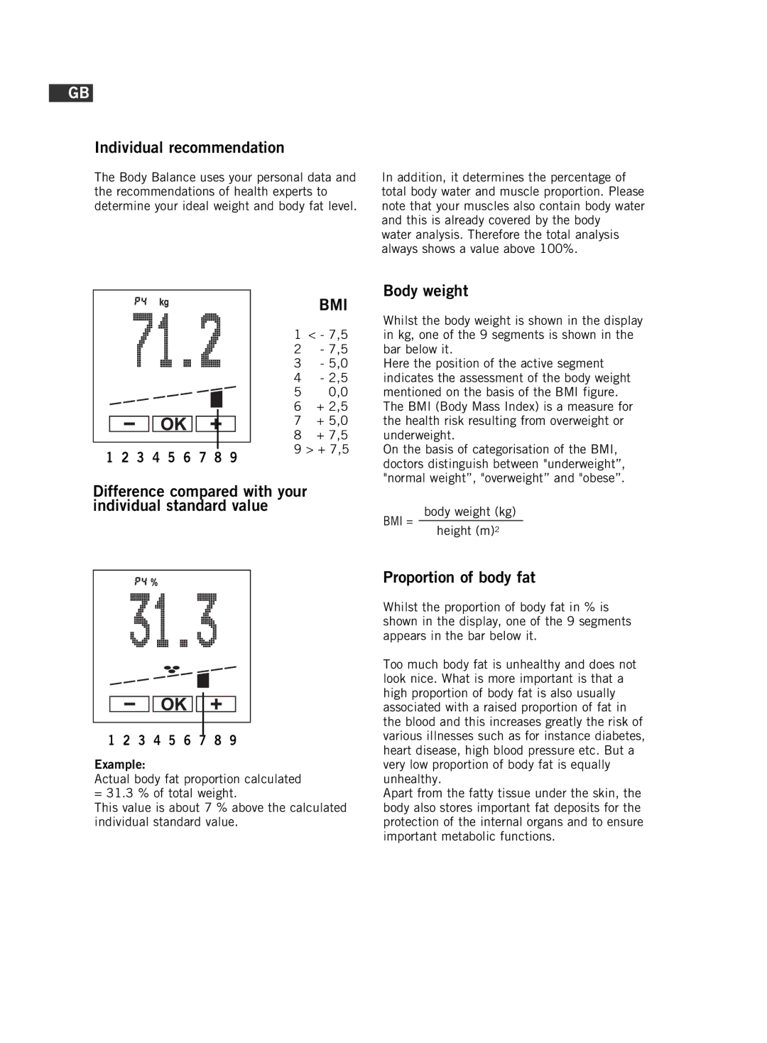 Soehnle F5 manual Individual recommendation, Proportion of body fat 