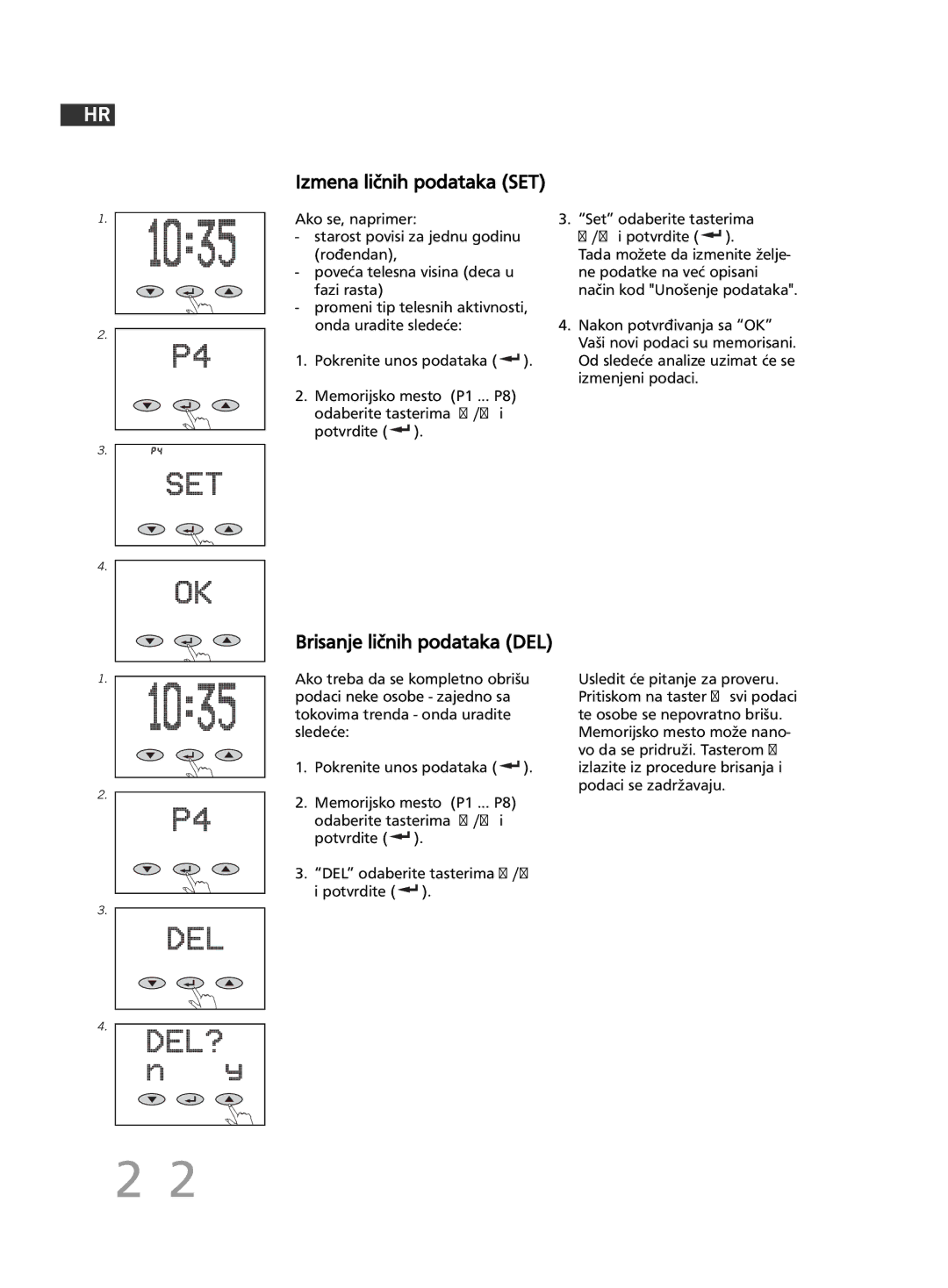 Soehnle F5 manual 282, Izmena ličnih podataka SET, Brisanje ličnih podataka DEL 