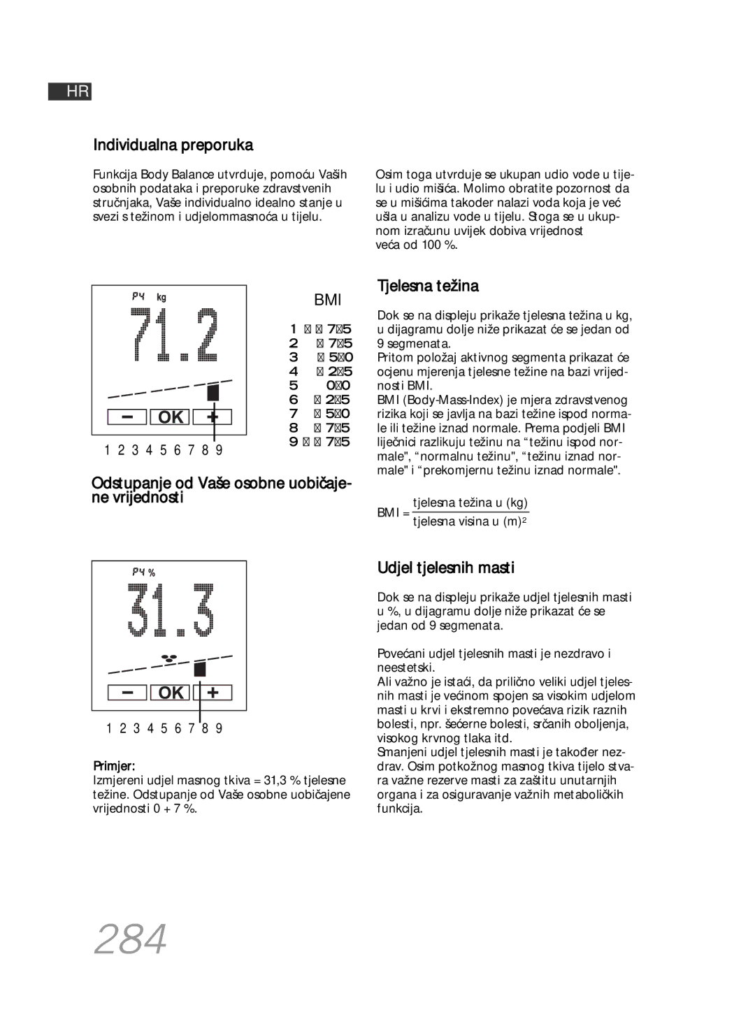 Soehnle F5 manual 284, Individualna preporuka, Tjelesna težina, Odstupanje od Vaše osobne uobičaje- ne vrijednosti 