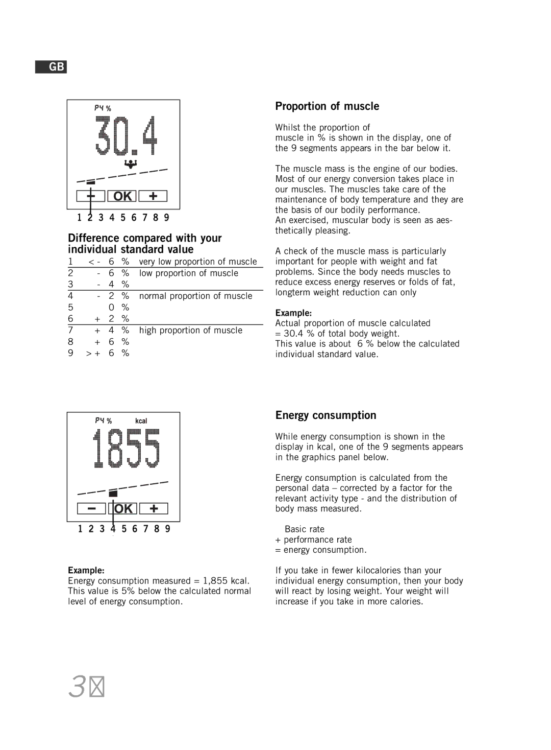 Soehnle F5 manual Proportion of muscle, Energy consumption 