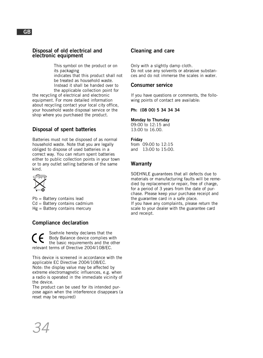 Soehnle F5 manual Disposal of old electrical and electronic equipment, Disposal of spent batteries, Compliance declaration 