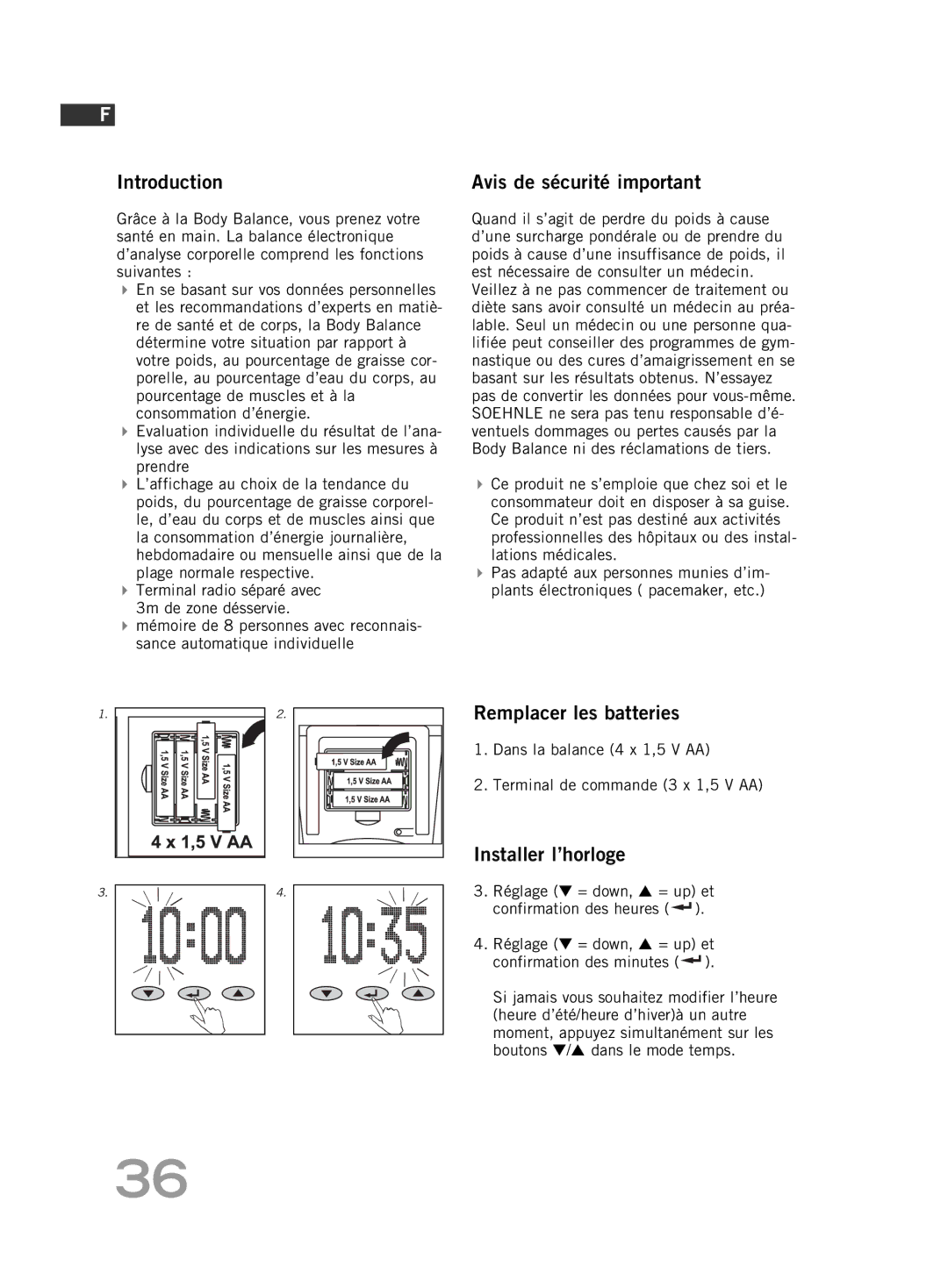 Soehnle F5 manual Avis de sécurité important, Remplacer les batteries, Installer l’horloge 