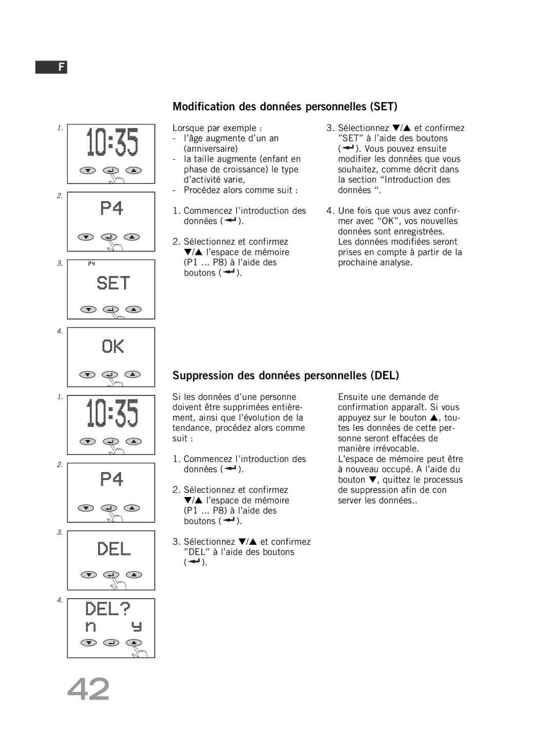 Soehnle F5 manual Modification des données personnelles SET, Suppression des données personnelles DEL 