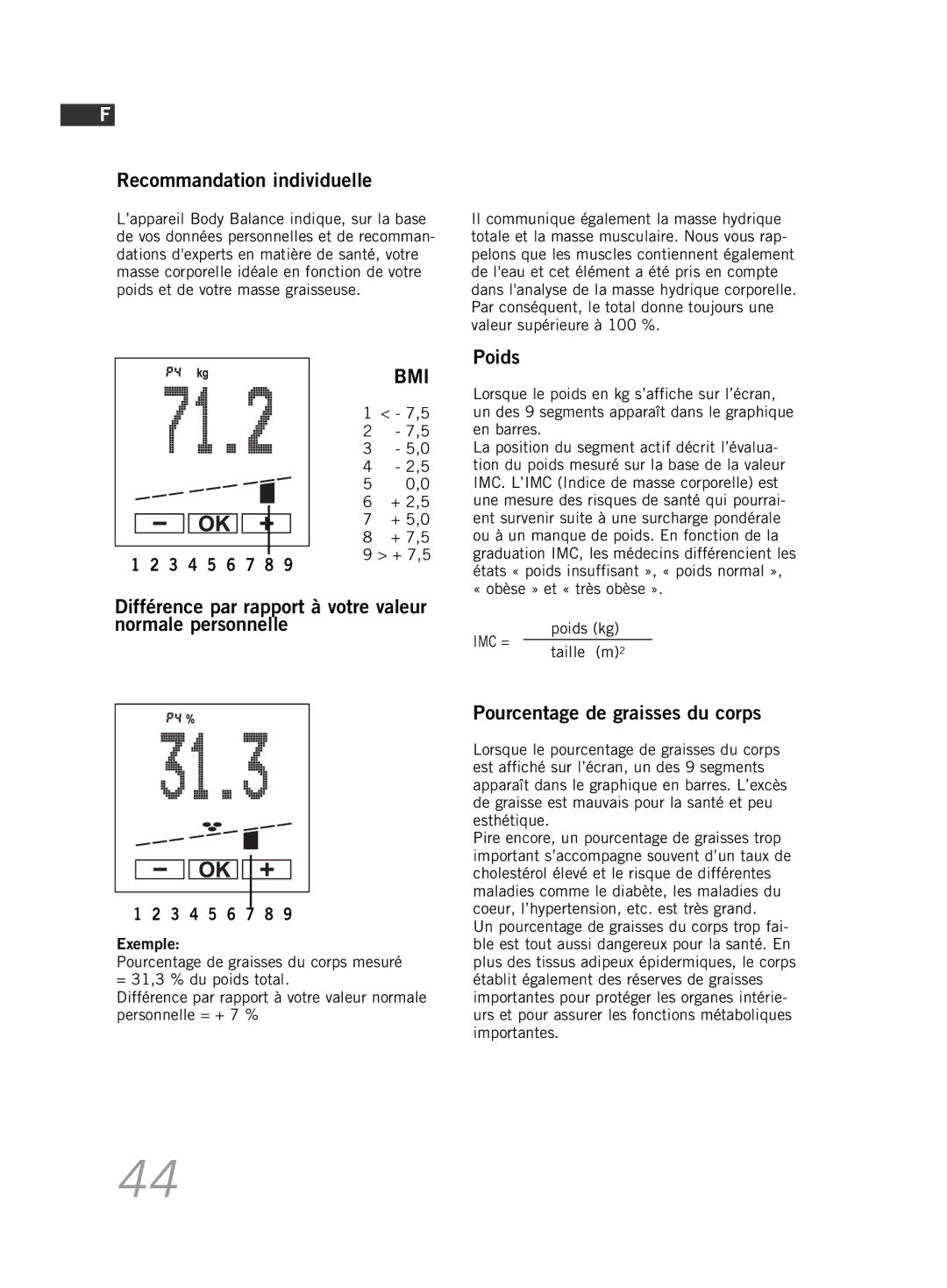 Soehnle F5 manual Recommandation individuelle, Poids, Différence par rapport à votre valeur normale personnelle 